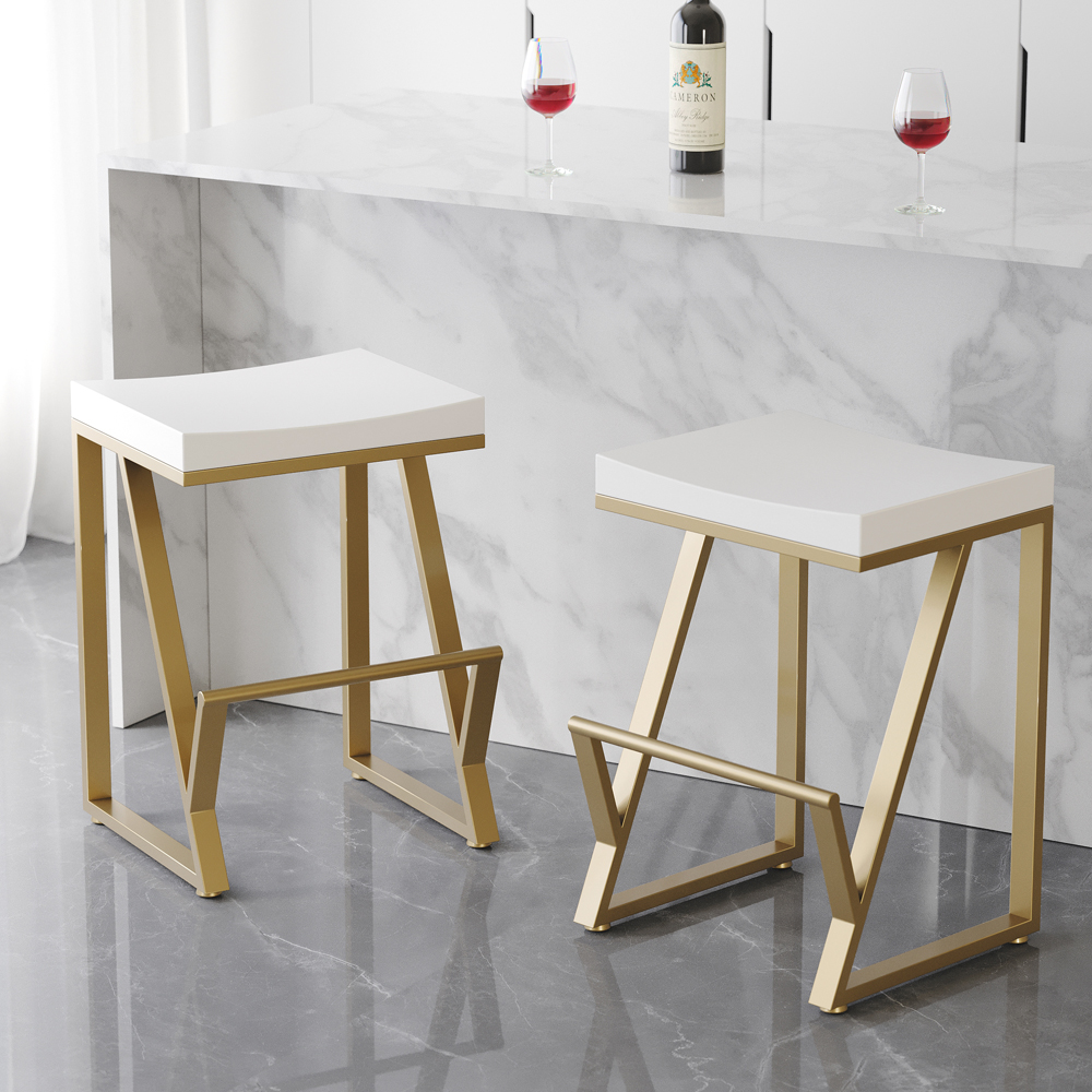 25.6" Modern White Solid Wood Counter Stool Backless with Golden Footrest