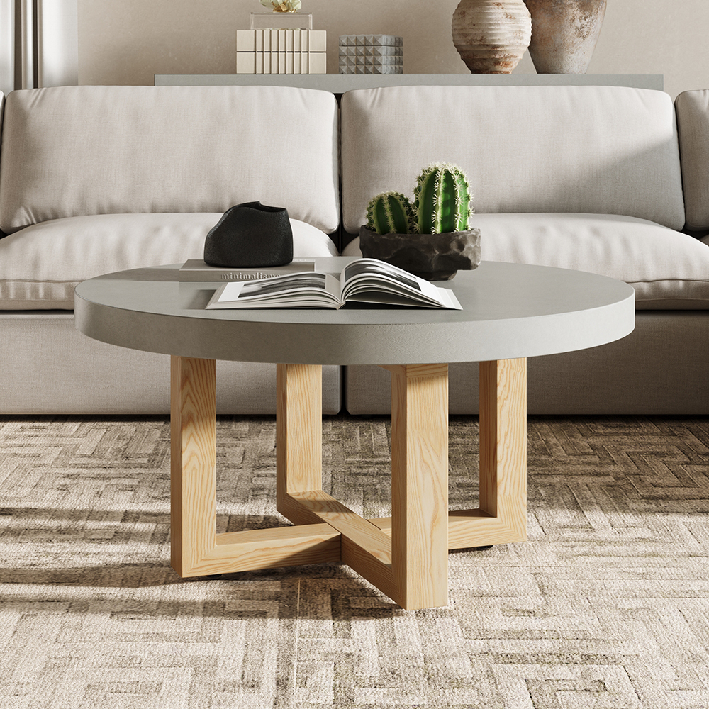 31" Round Concrete Gray Coffee Table With Cross Legs Pine Wood Base in US