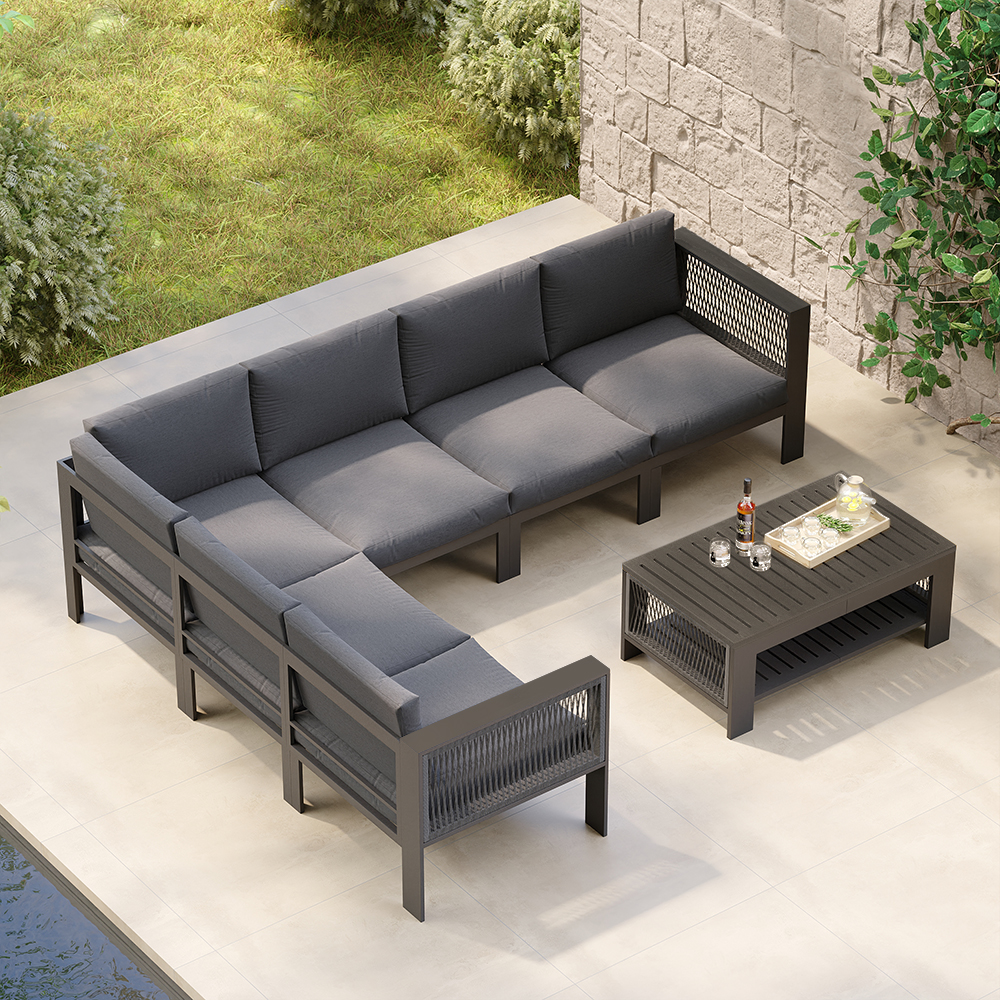 7 Pieces Modern L Shape Patio Outdoor Sectional Sofa Set With Coffee Table in Gray for 6 in US