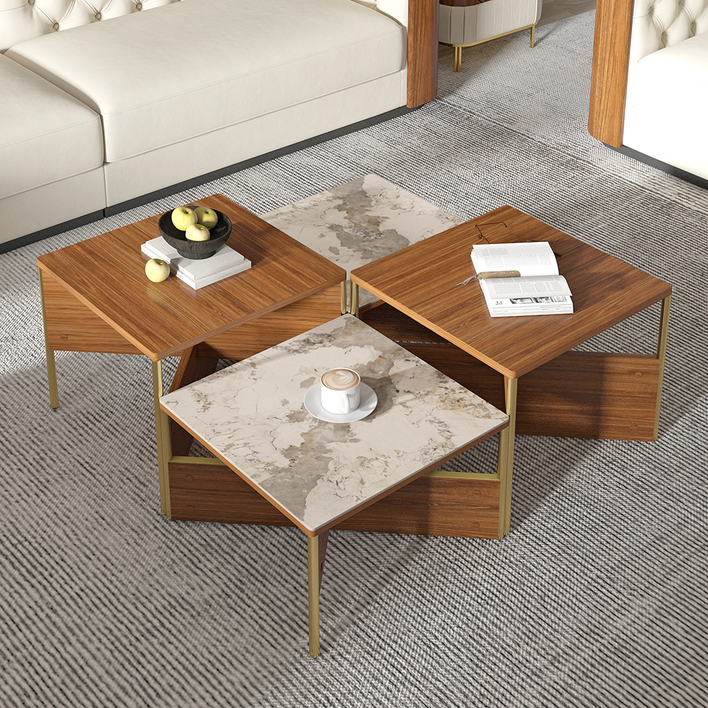 39.4" Square Modern Sintered Stone Coffee Table Walnut Veneer Coffee Table in Gold Frame