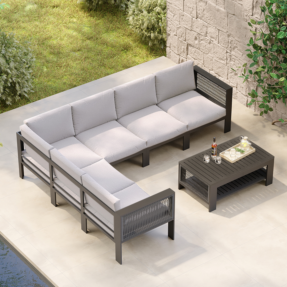7 Pieces L Shape Patio Outdoor Sectional Sofa Set With Coffee Table in Light Gray for 6 in US