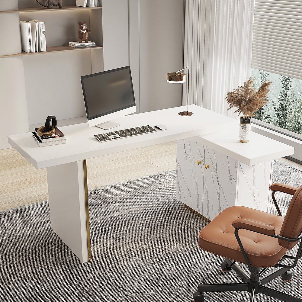 88" Modern White L-Shape Writing Desk with Side Cabinet Wood Office Desk Gold Finish