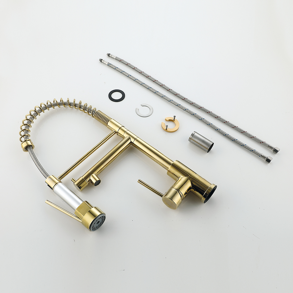 Pull Out Sprayer Kitchen Faucet Single Hole Double Spout Solid Brass