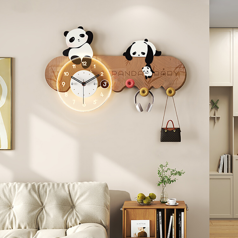 4-Hook Wall Mounted Decorative Panda Coat Rack with 9.8'' LED Acrylic Clock