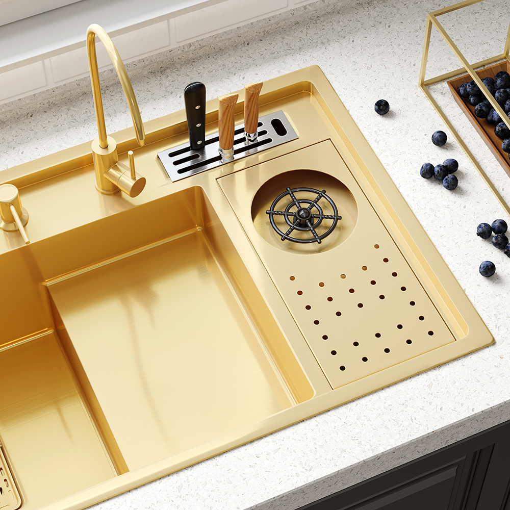 Drop-in Kitchen Sink Workstation With High-pressure Cup Washer Stainless Steel in Gold