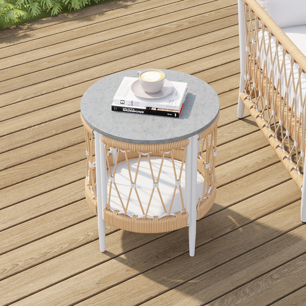Ropipe 18.5" Round Outdoor Side Table With Storage Patio Weave Rope End Table in Khaki in US