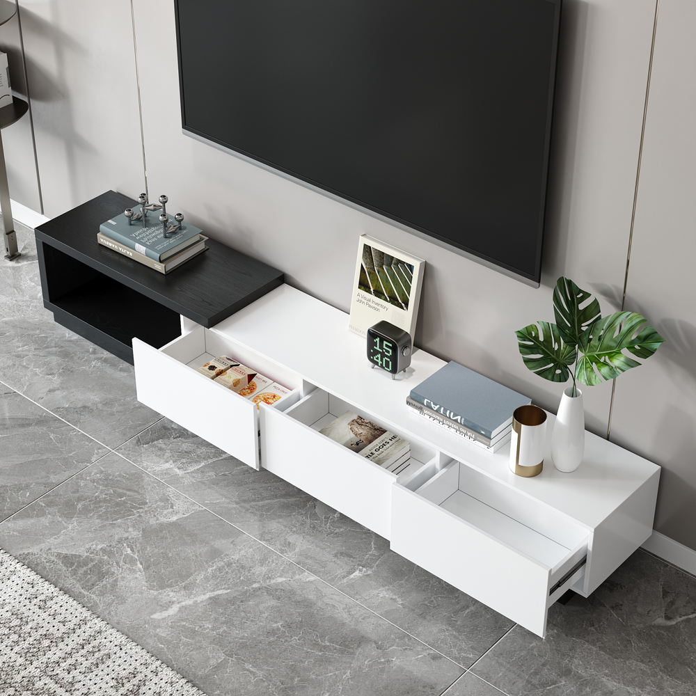 Quoint Modern TV Stand Retracted & Extendable 3-Drawer Media Console for TV Up to 80"