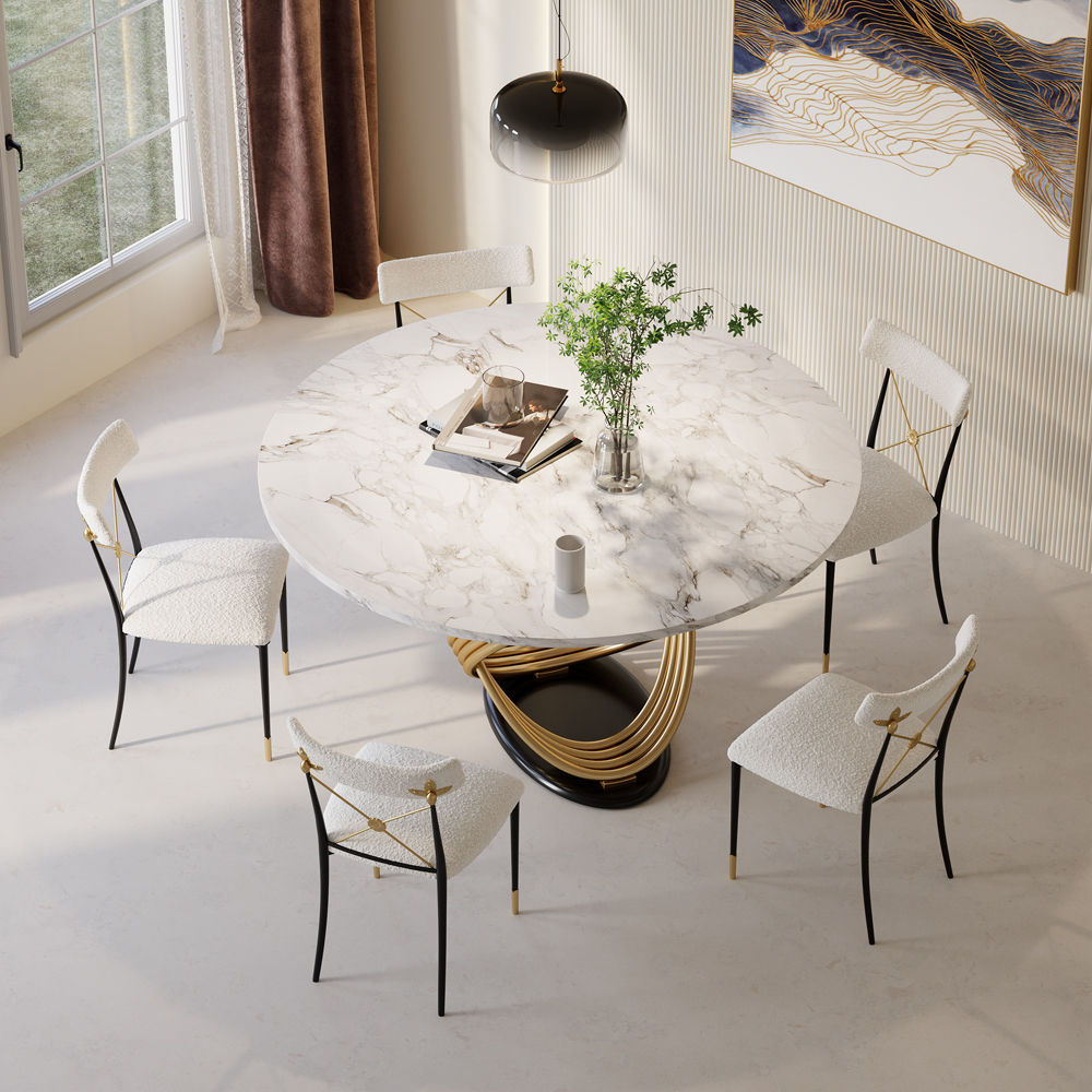 White Boucle Dining Chair Upholstered Cross Back Curved Side Chair