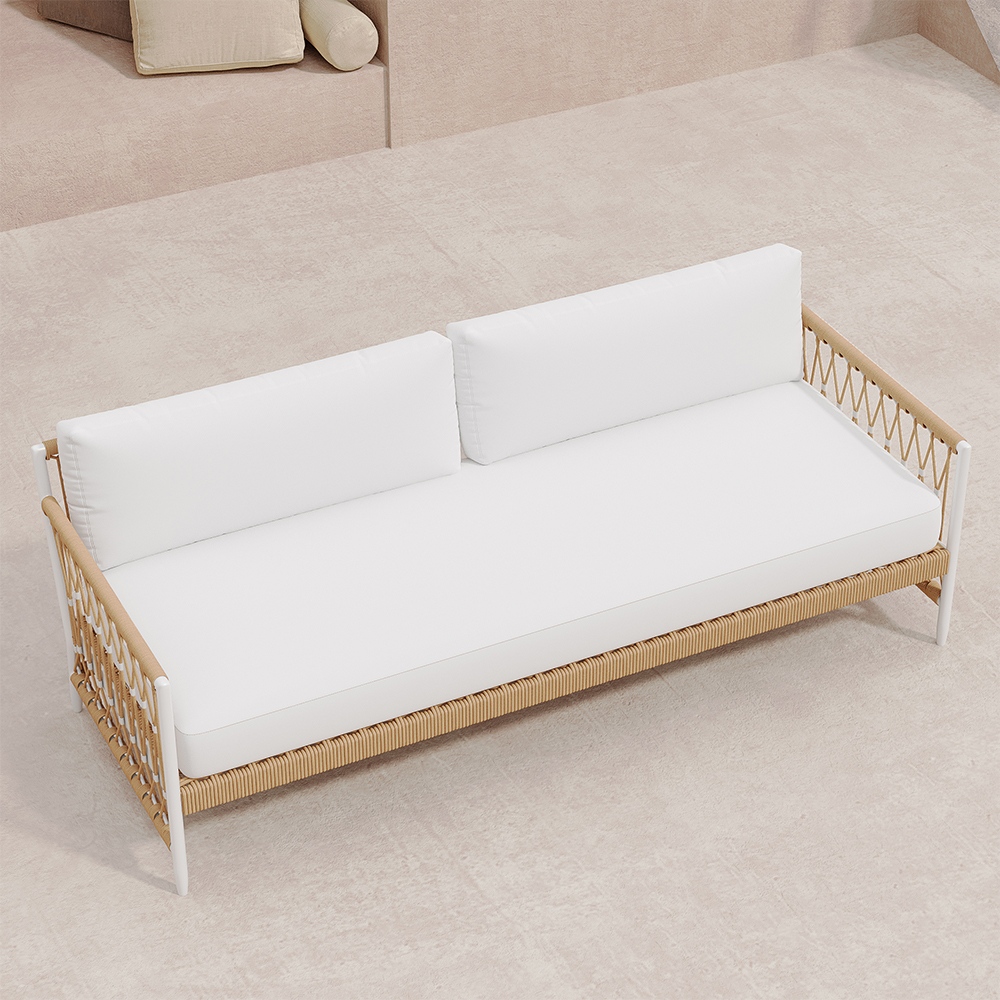 Ropipe Woven Rope Outdoor Sofa 3-Seater Sofa with White Polyester Pillow Cushion