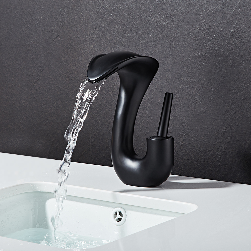 Modern Elegant Waterfall Bathroom Sink Faucet Single Handle Solid Brass in Black