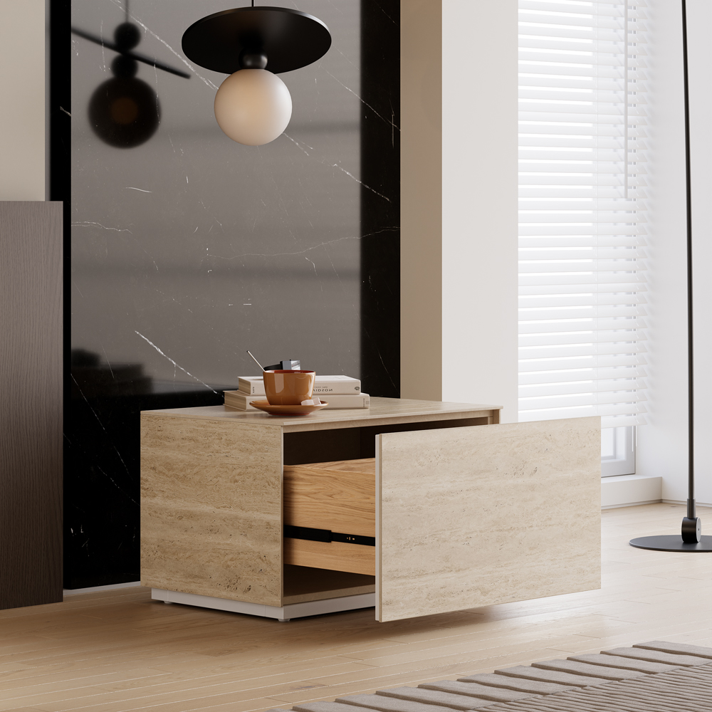 Modern 23"W Faux Travertine Nightstand 1 Drawer Bedside Table Set of 2