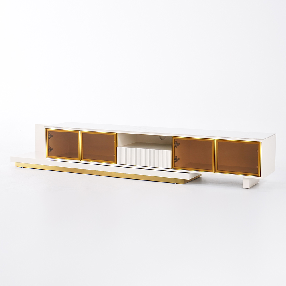 LED Light Extendable TV Stand Light Khaki Floor Media Console with Glass Door & Drawers