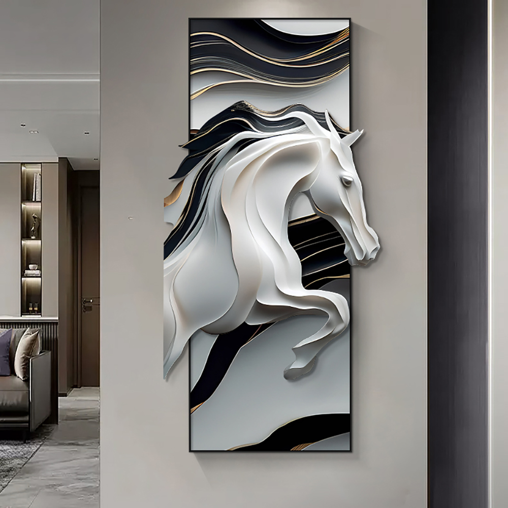 Decoración creativa abstracta irregular para colgar en la pared con forma de caballo blanco y negro para el hogar