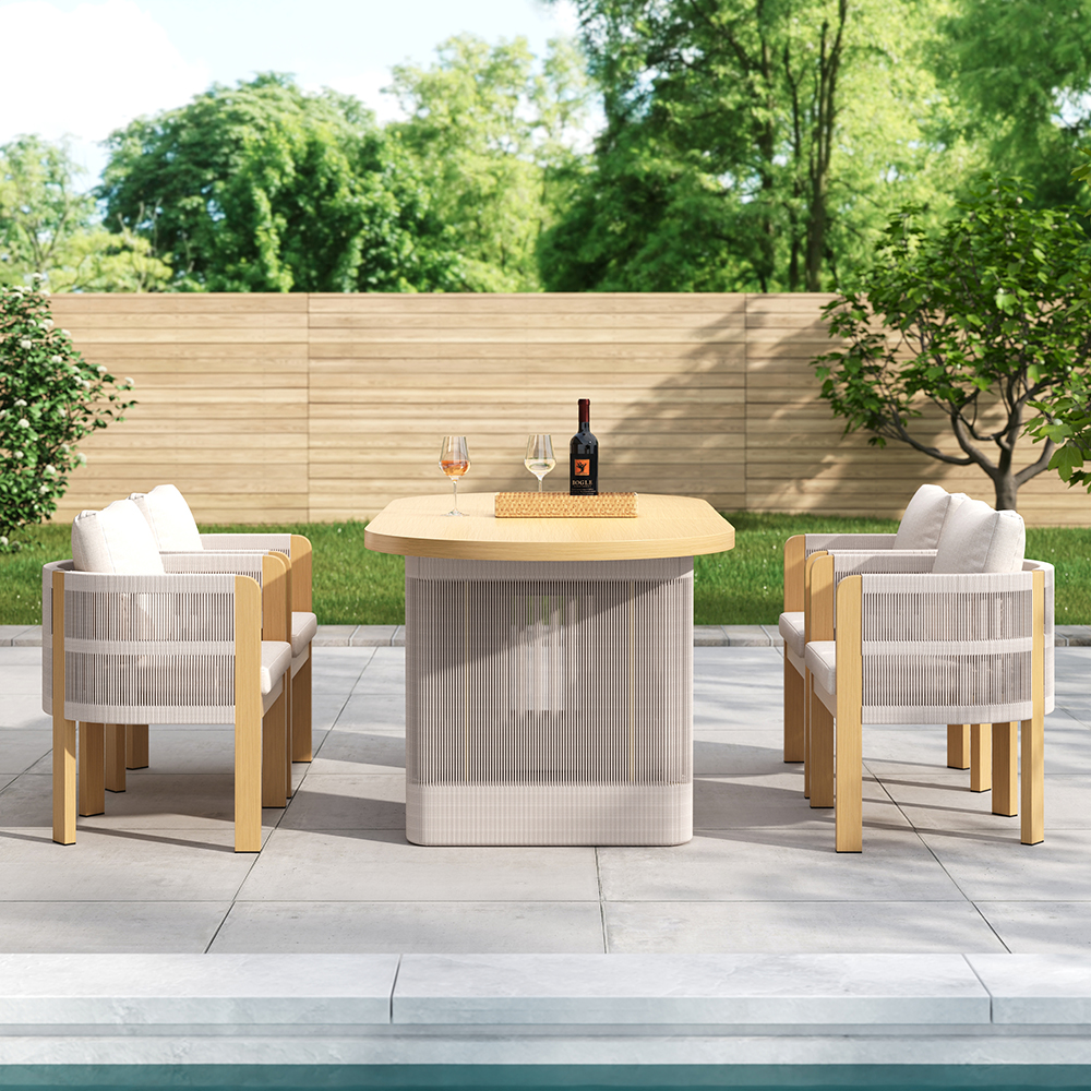 7 PCS Outdoor Extendable Dining Set, Farmhouse Style Extendable Outdoor & Yard Dining Table Set with 6 Woven Armchairs for 4 to 6 Person