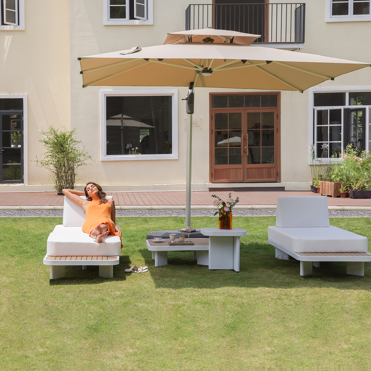 5 PCS L Shaped Outdoor Sectional Sofa Set Mordern Yard & Patio Furniture for 4-6 Person in White & Brown Cushion & Pillow Included