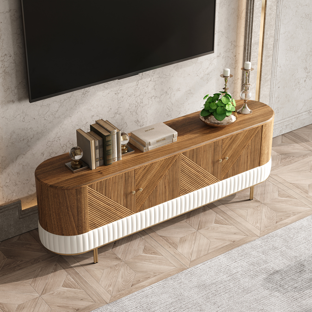 Wovent Mid-Century Modern Walnut Wood Tall TV Stand with Storage for 80 inch TV