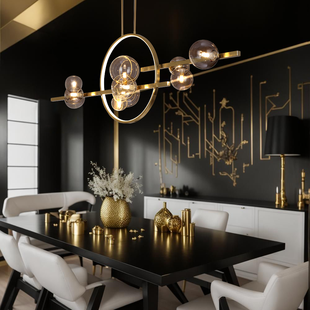Bubi 10-Light Gold Modern Kitchen Island Light for Dining Room with Glass Globe Shade