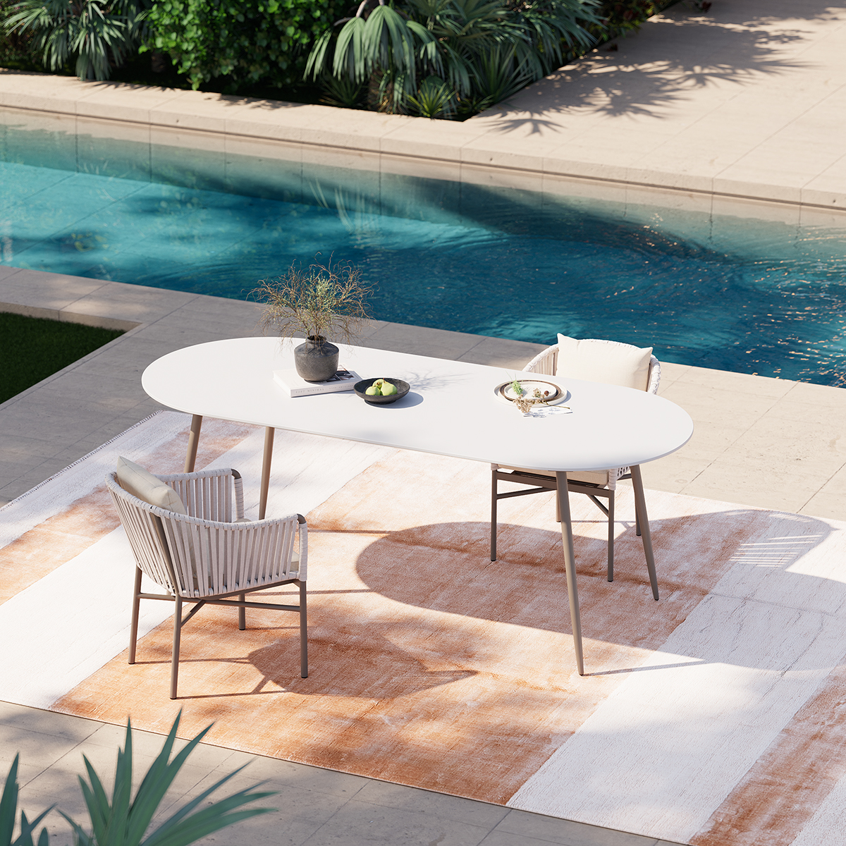 6-Person Oval Sintered Stone Top Outdoor Patio Dinning Table in White (70.9" Width)