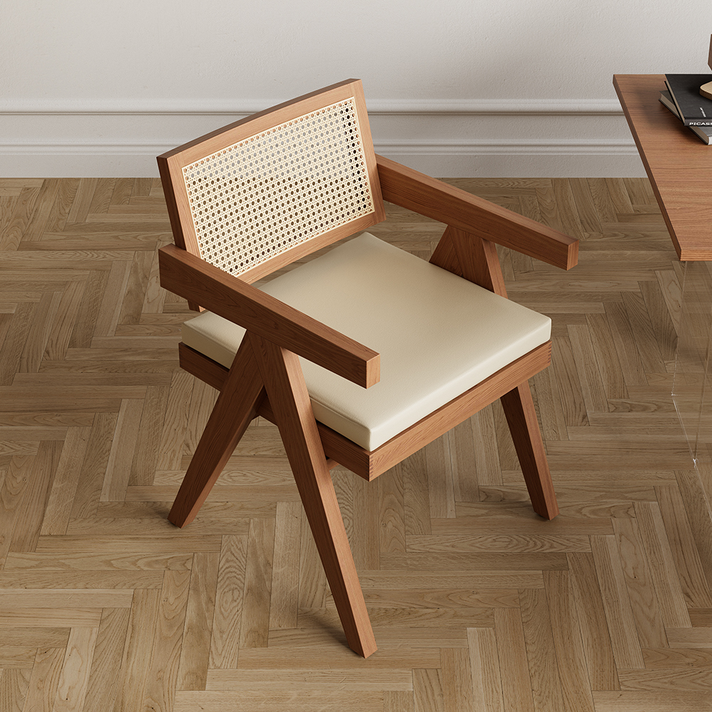 Set of 2 Japandi Rattan Dining Chairs with Upholstery & Solid Wood Frame Walnut Dining Room Chairs
