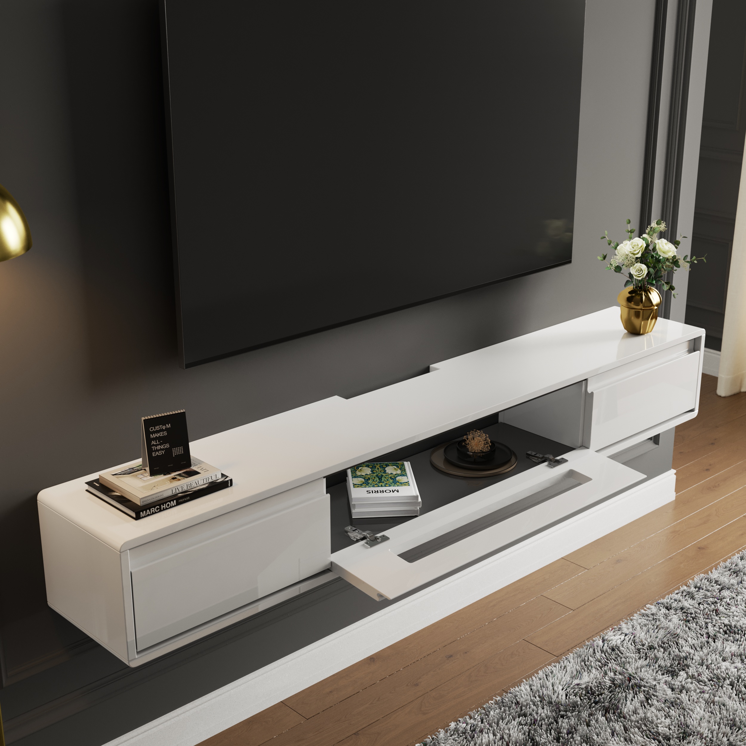 59.1" White TV Stand Postmodern Minimalist Floating Media Console with Storage