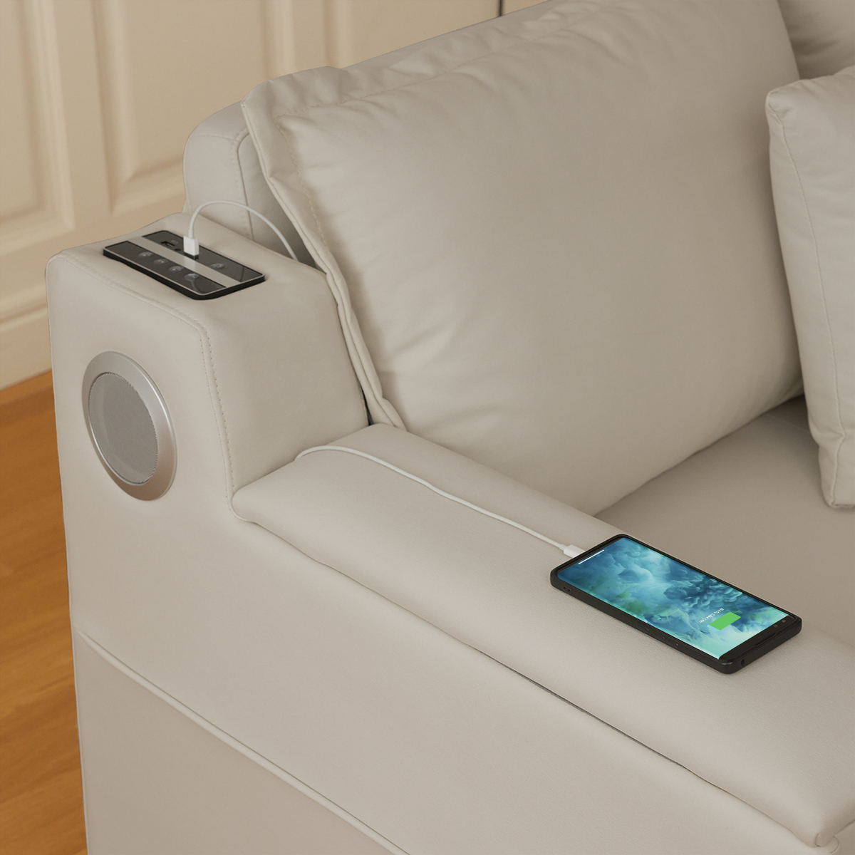 Łóżko rozkładane 2103mm, pełna rozkładana sofa, tapicerowana skórzana schowek z głośnikiem obraz wyróżniony