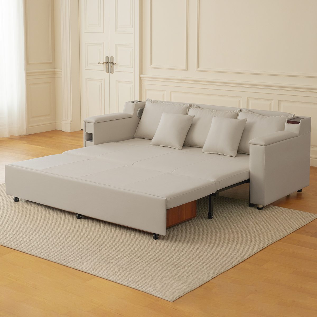 Łóżko rozkładane 2103mm, pełna rozkładana sofa, tapicerowana skórzana schowek z głośnikiem obraz wyróżniony