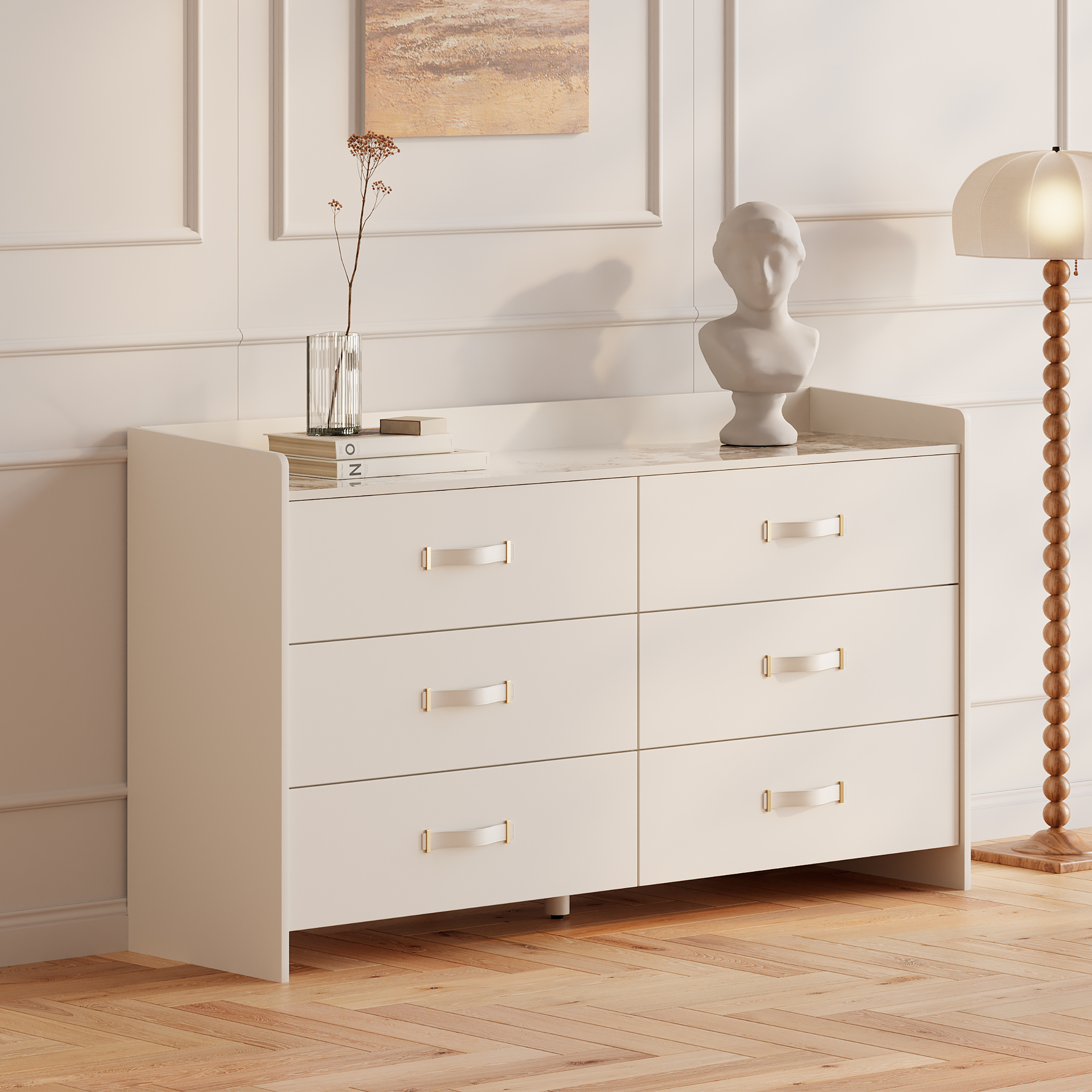 59"W Modern White 6 Drawer Dresser Chest Bedroom Storage Cabinet