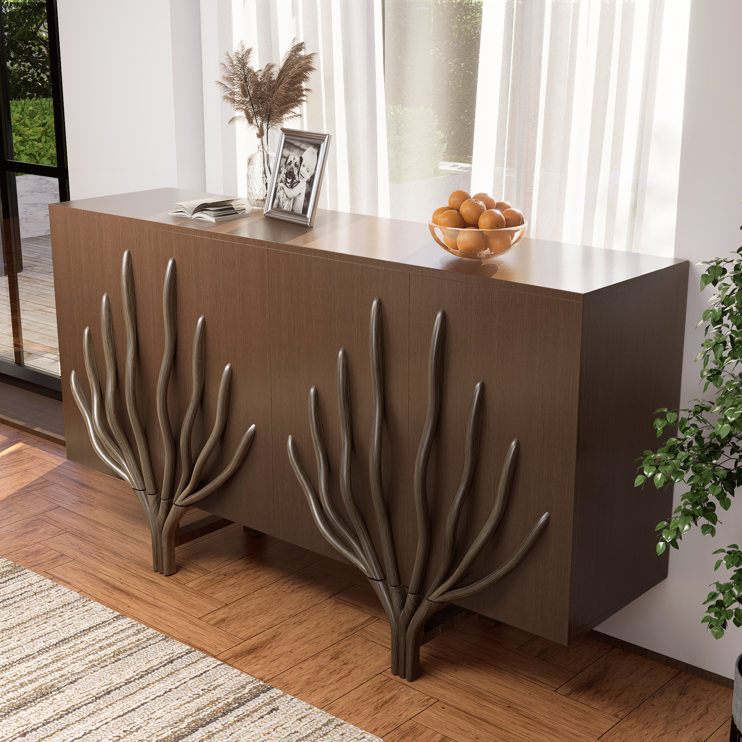 63" Sideboard Branch Design Mid Century Modern Buffet with 2 Doors 2 Shelves