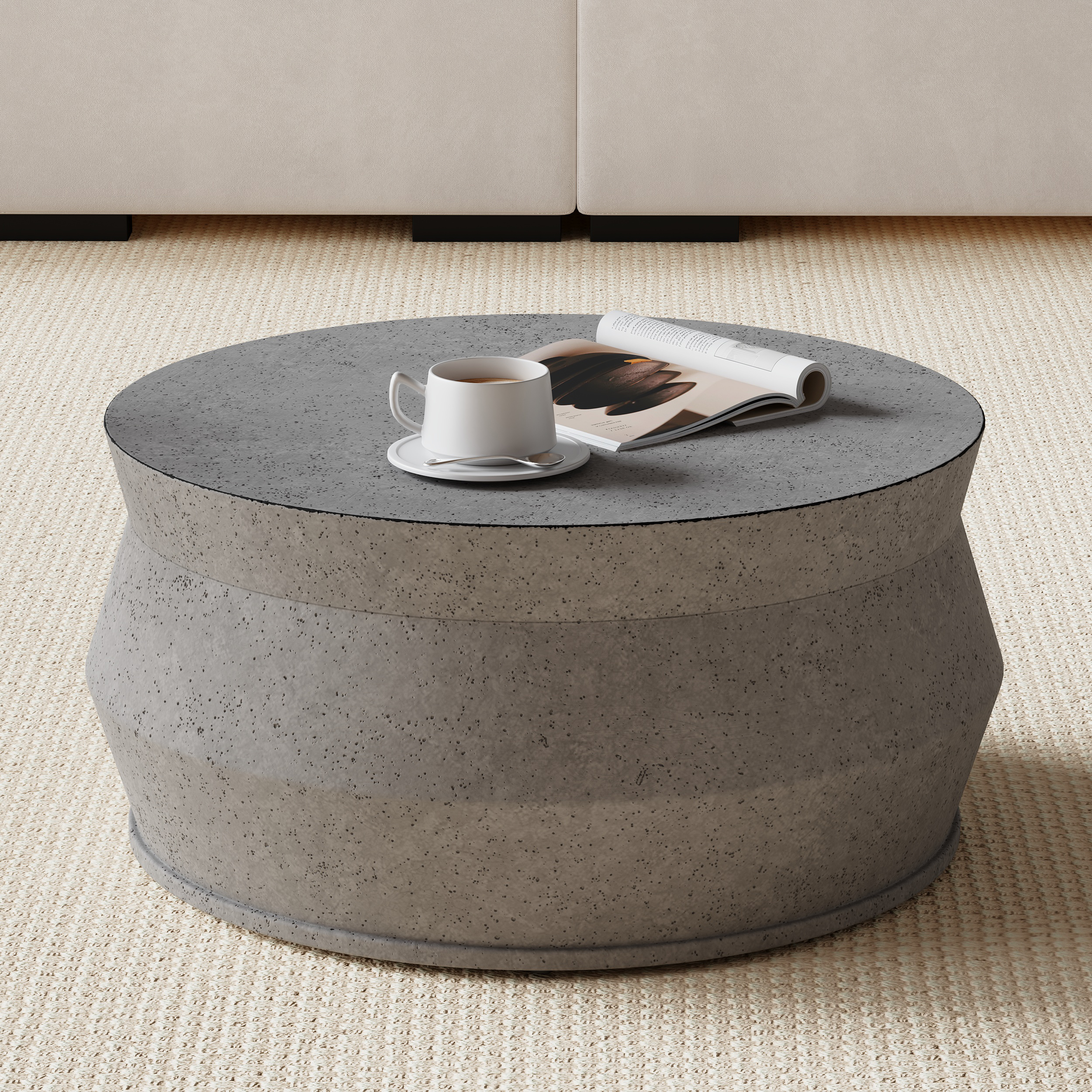 HOMCOM Set Van 2 Uittrekbare Salontafels - Ronde Stapelbare Bijzettafels Cement-Look Industrieel Design