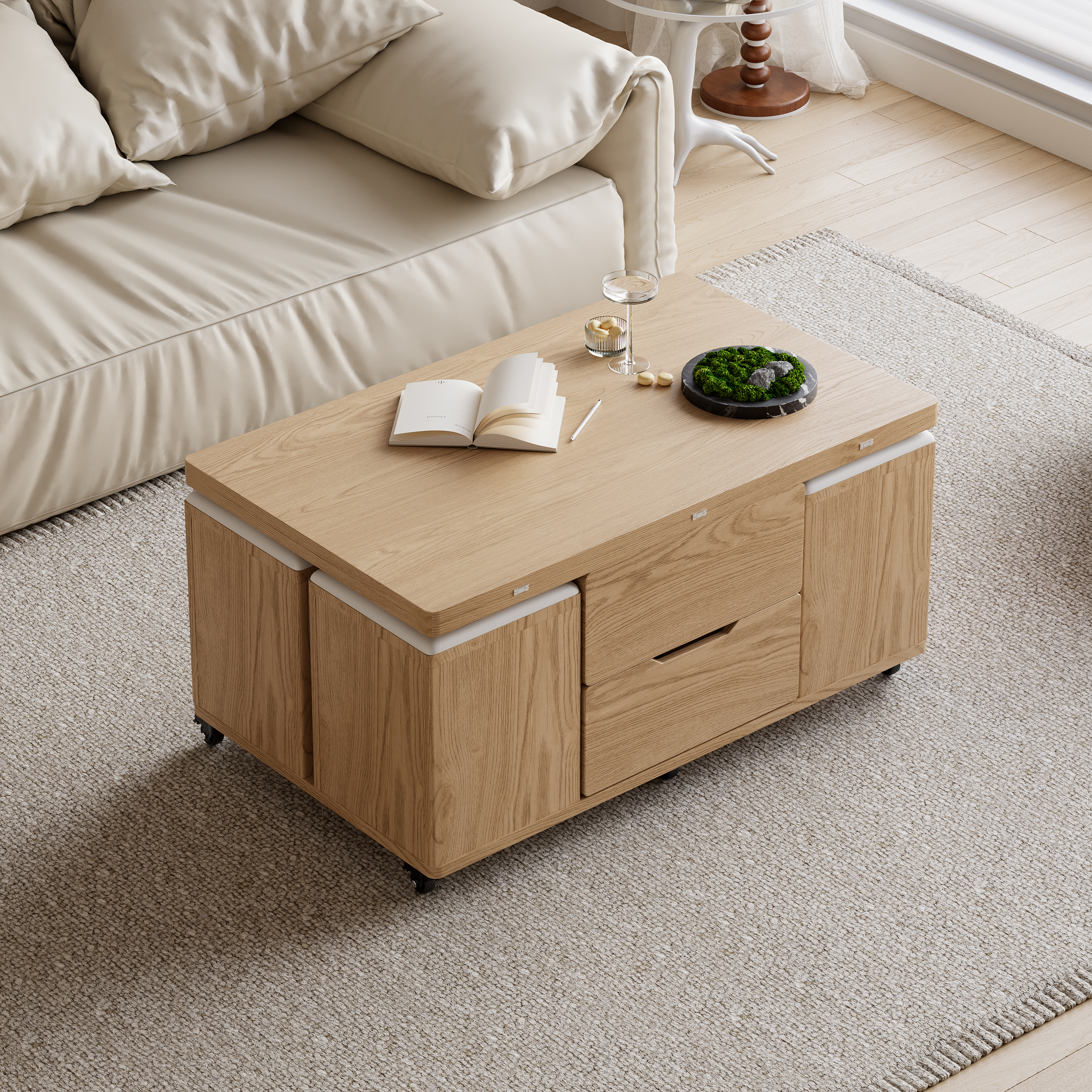 Modern Natural Lift Top Coffee Table 4 in 1 with Storage Ottoman Foldable and Casters
