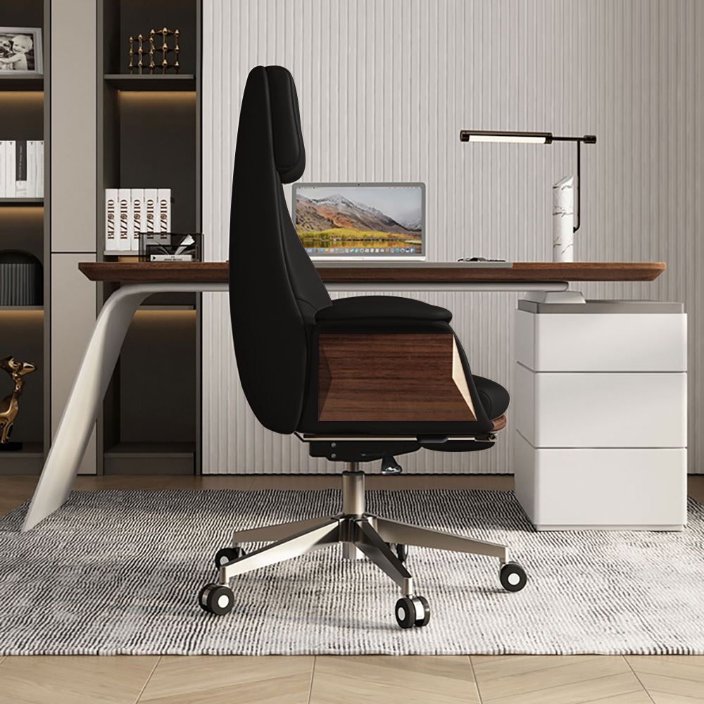 64.2" Black Wooden Writing Desk & Reclining Leather Office Desk Chair Set