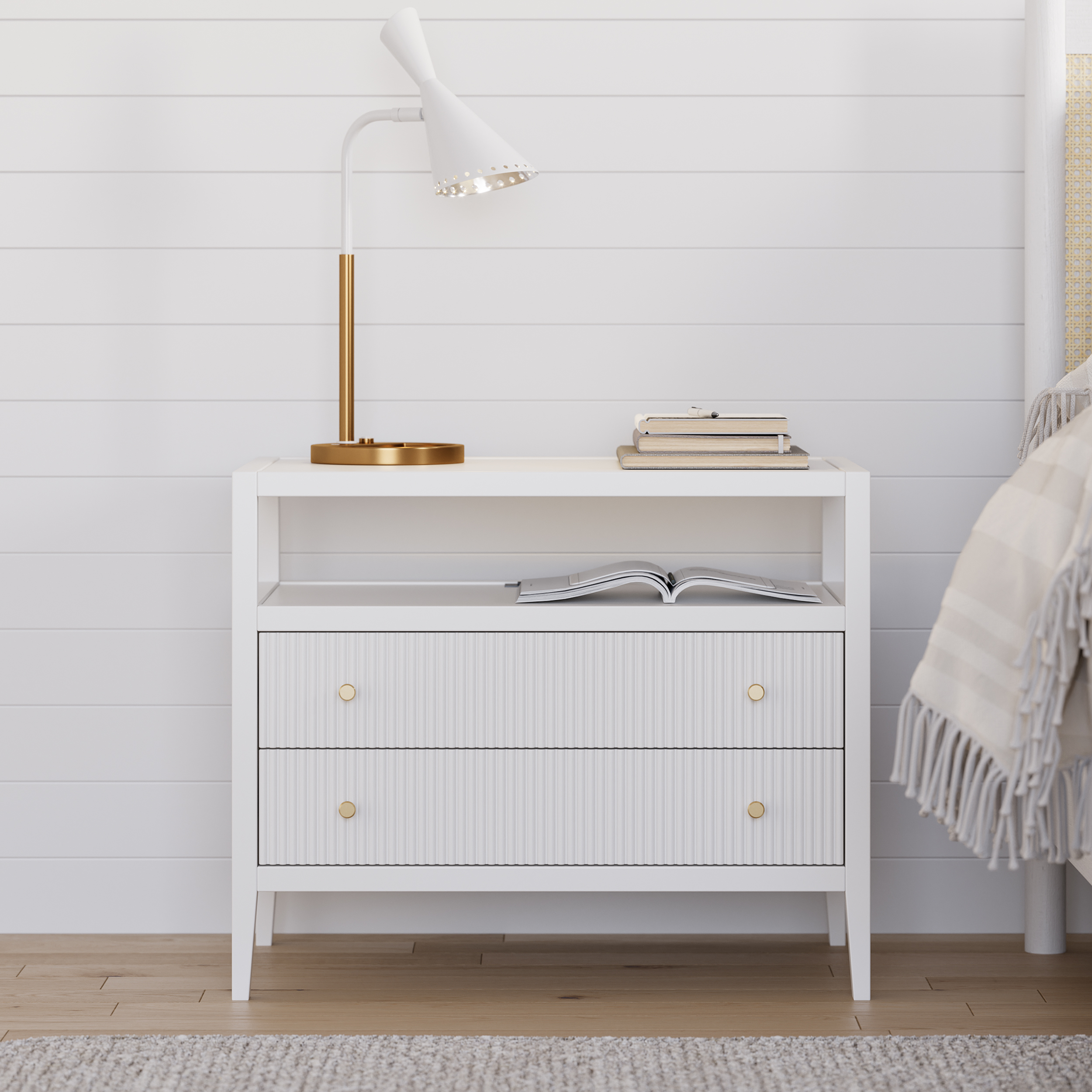 Stria White Fluted 6-Drawer Dresser & 2 Wide Nightstands Set
