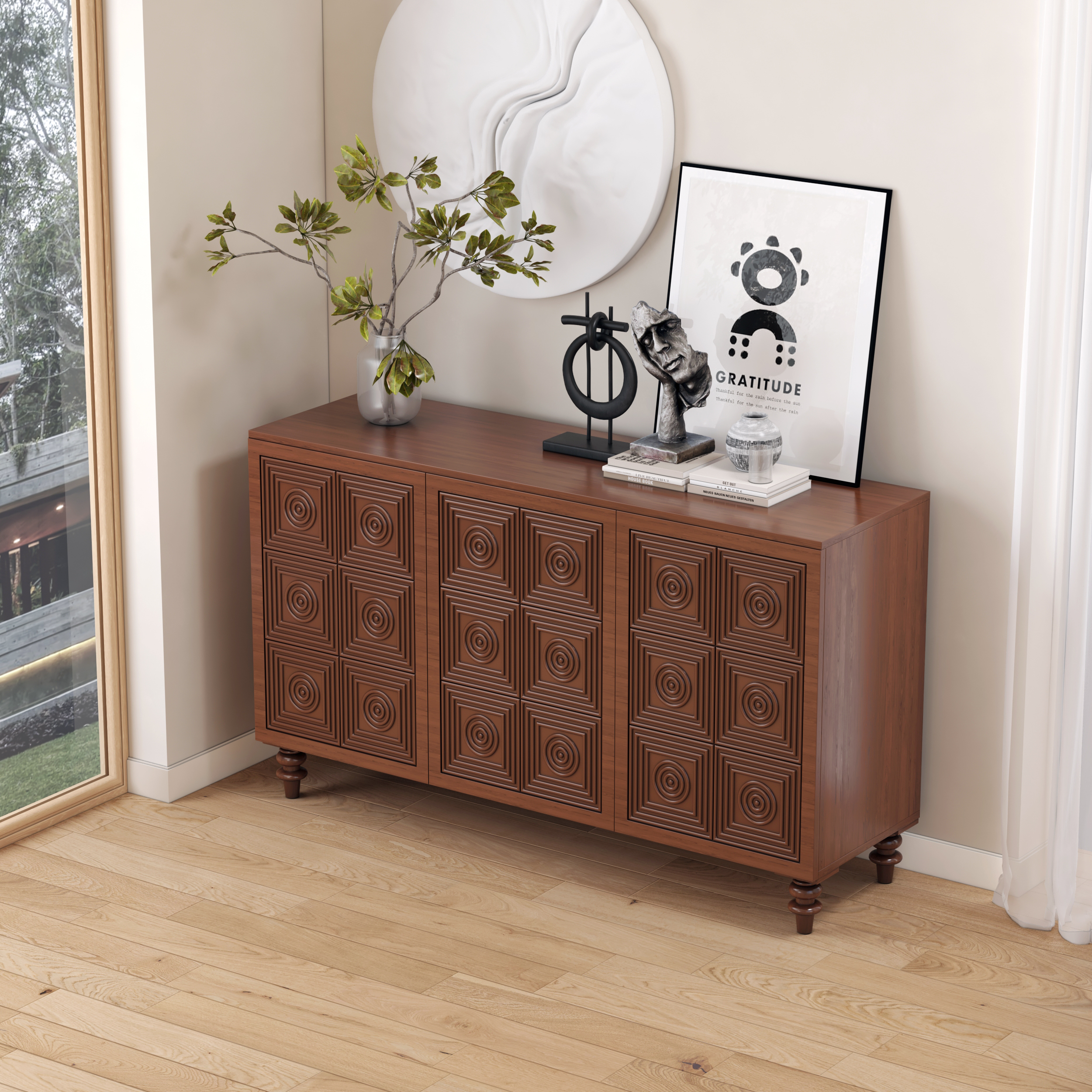 Modern 63'' Brown Wood Carved Sideboard Cabinet