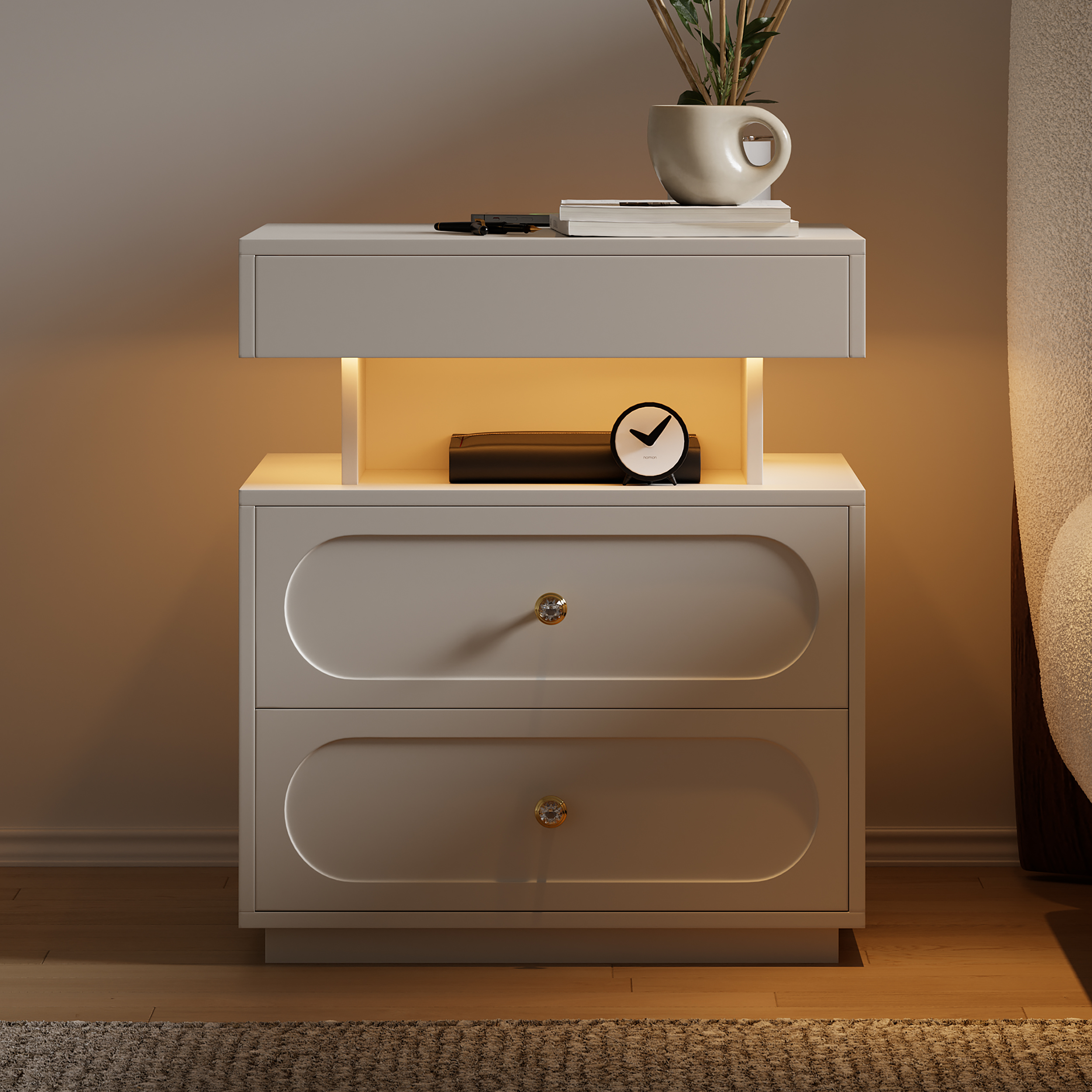 Modern Smart Nightstand Set of 2 with Light 2 Drawer Bedside Table with Charging Station