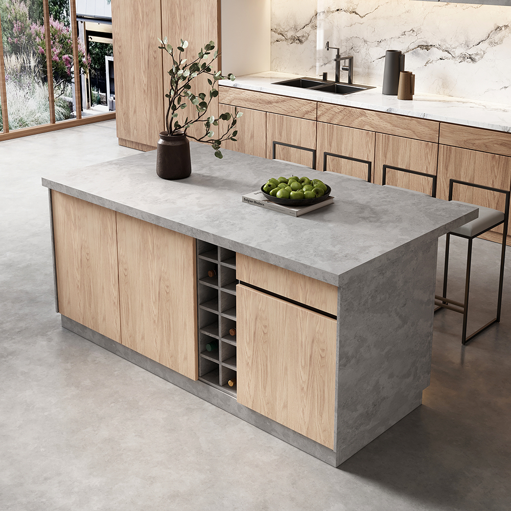 72" Japandi Kitchen Island with Seating Gray Wooden Storage Kitchen Cabinet &  2 Counter Stools