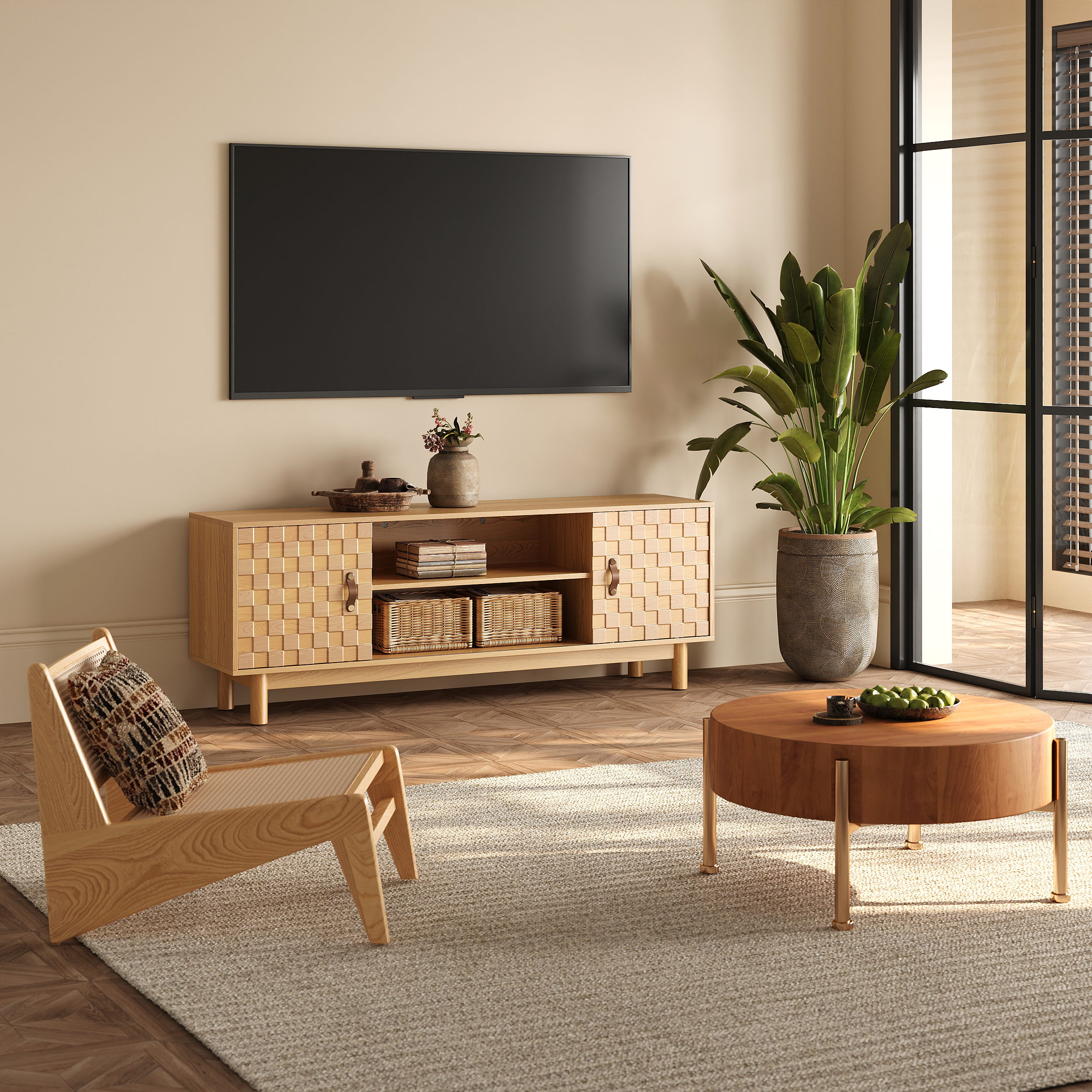 Mid-Century Modern Natural Wood Tall TV Stand Media Console with Storage for 60 Inch TV	