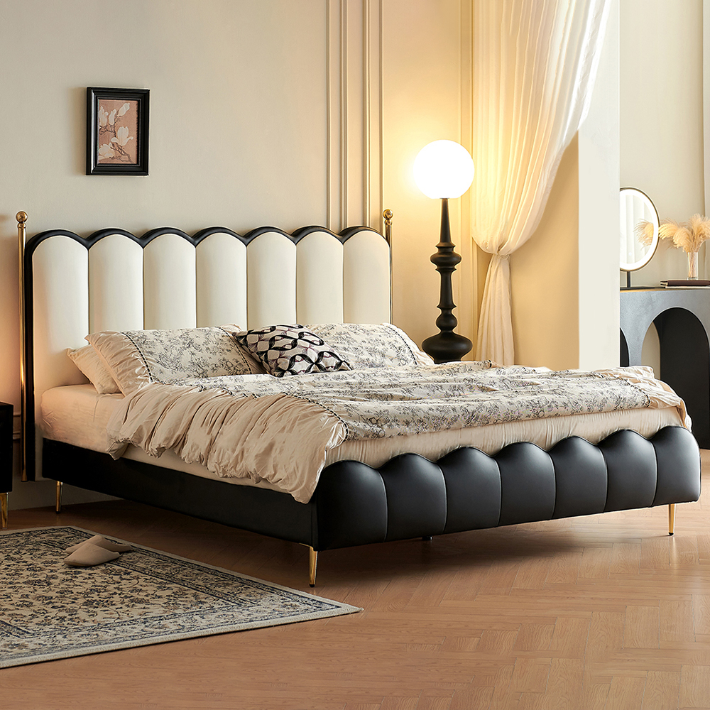 Modern White & Black King Faux Leather Upholstered Platform Bed