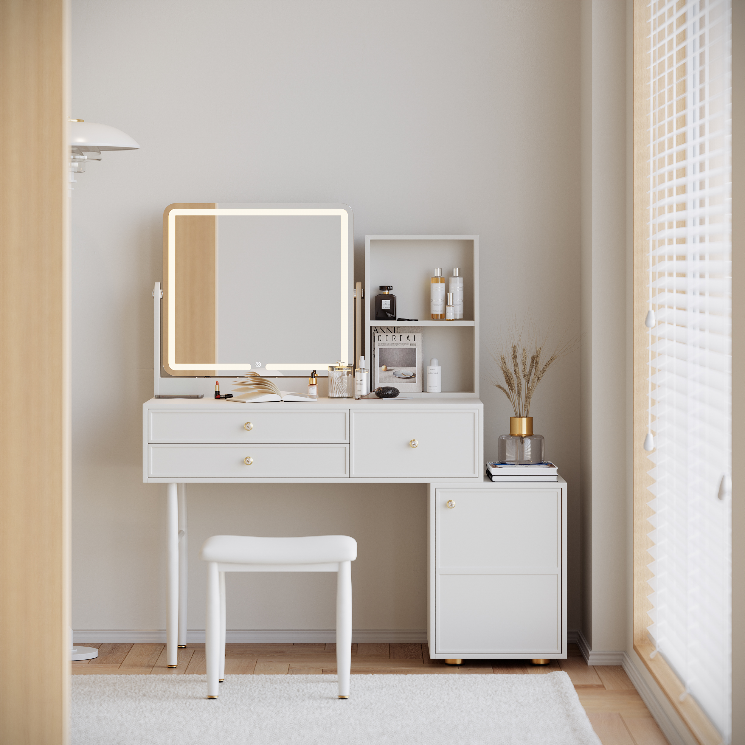 Modern White Leather Makeup Vanity Set with Led Mirror & Charger Dressing Table with Stool