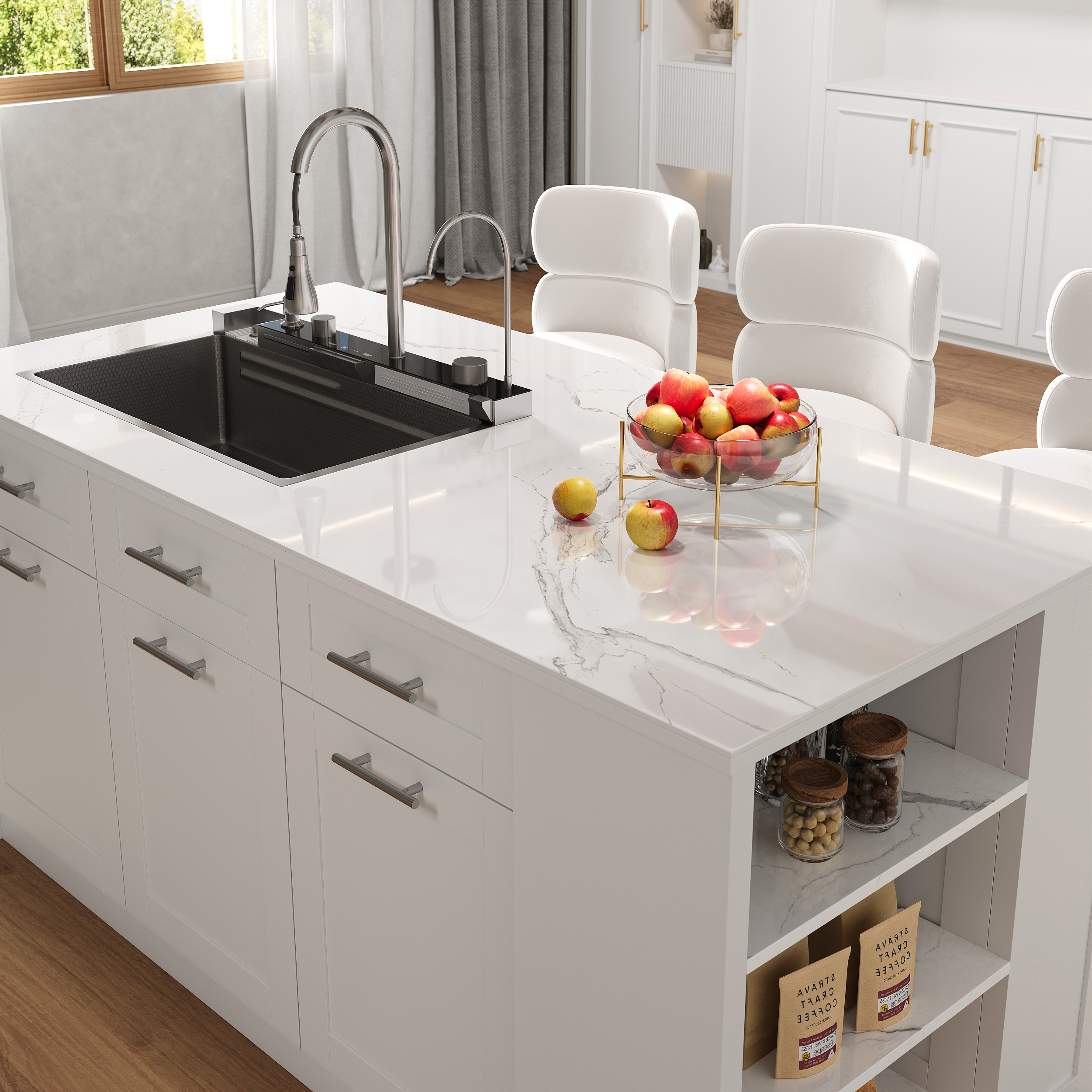 70.9" Kitchen Islands Faux Marble Top with Workstation Sink & Storage White Modern Kitchen Cabinet