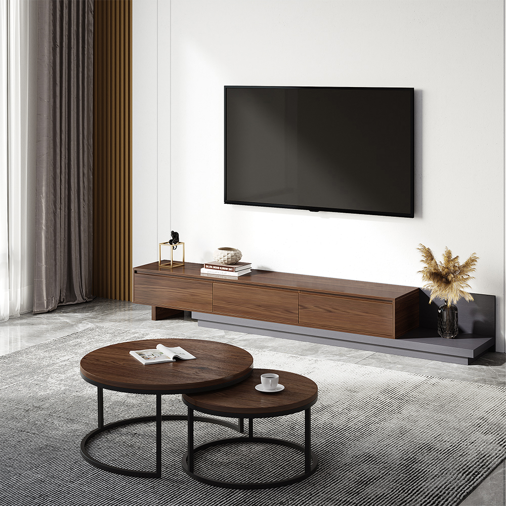 Fero Minimalist Retracted & Extendable 3 Drawers TV Stand & Round Nesting Coffee Table thumbnail