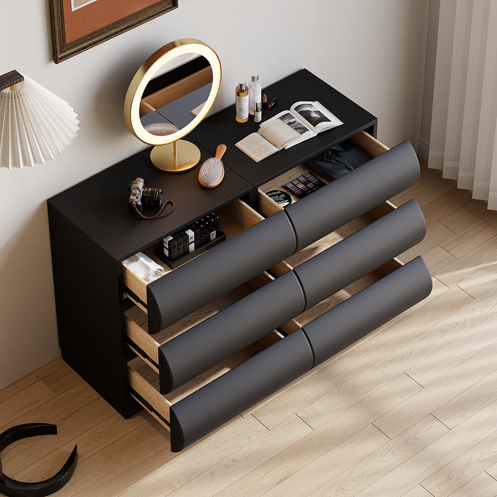 Bedroom Dresser & Nightstands Set Leather Black 6-Drawer Dresser Chest & 2 Black Leather Smart Nightstands