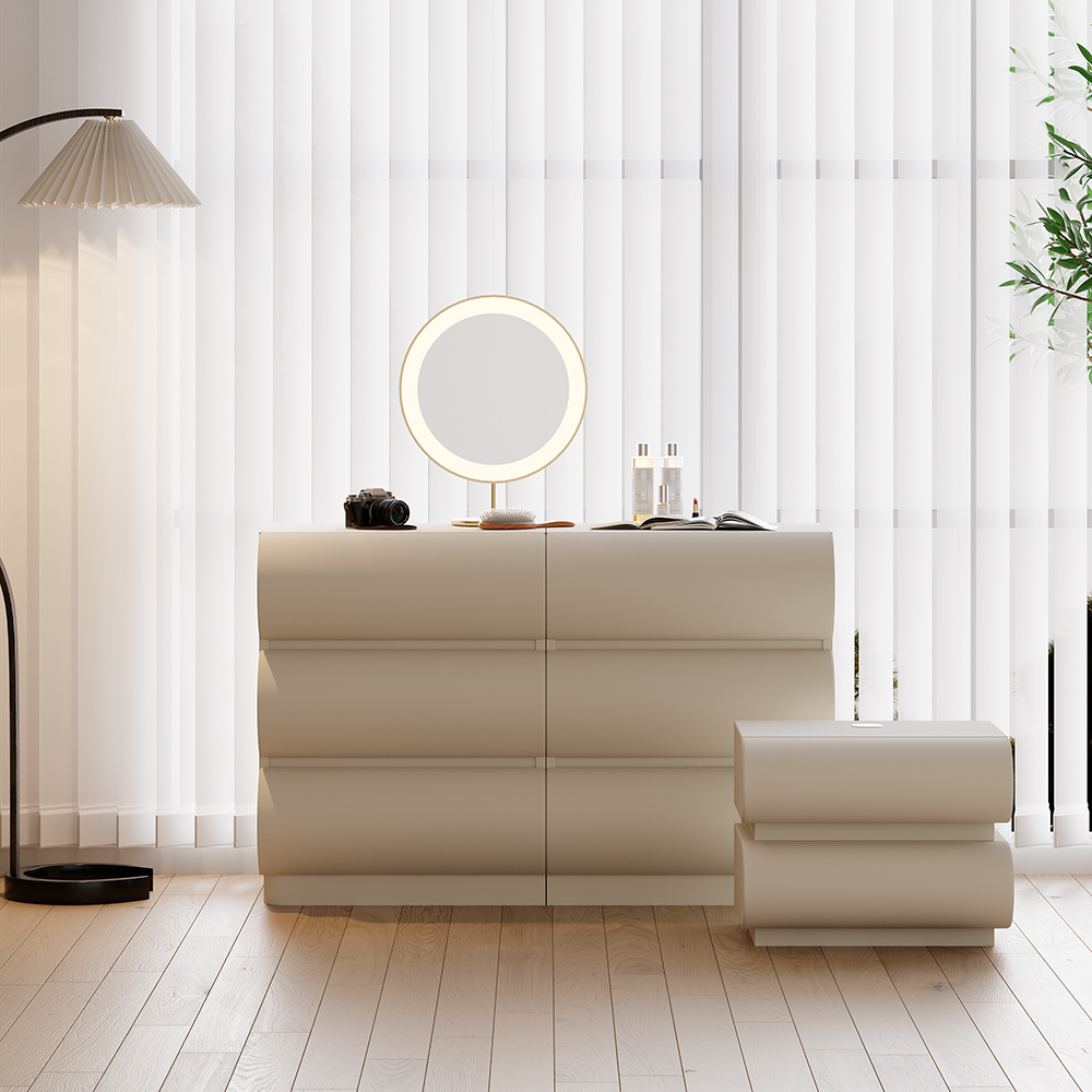 Humply Modern 2 White Leather Smart Nightstands & Leather 6 Drawer Dresser Chest Set thumbnail