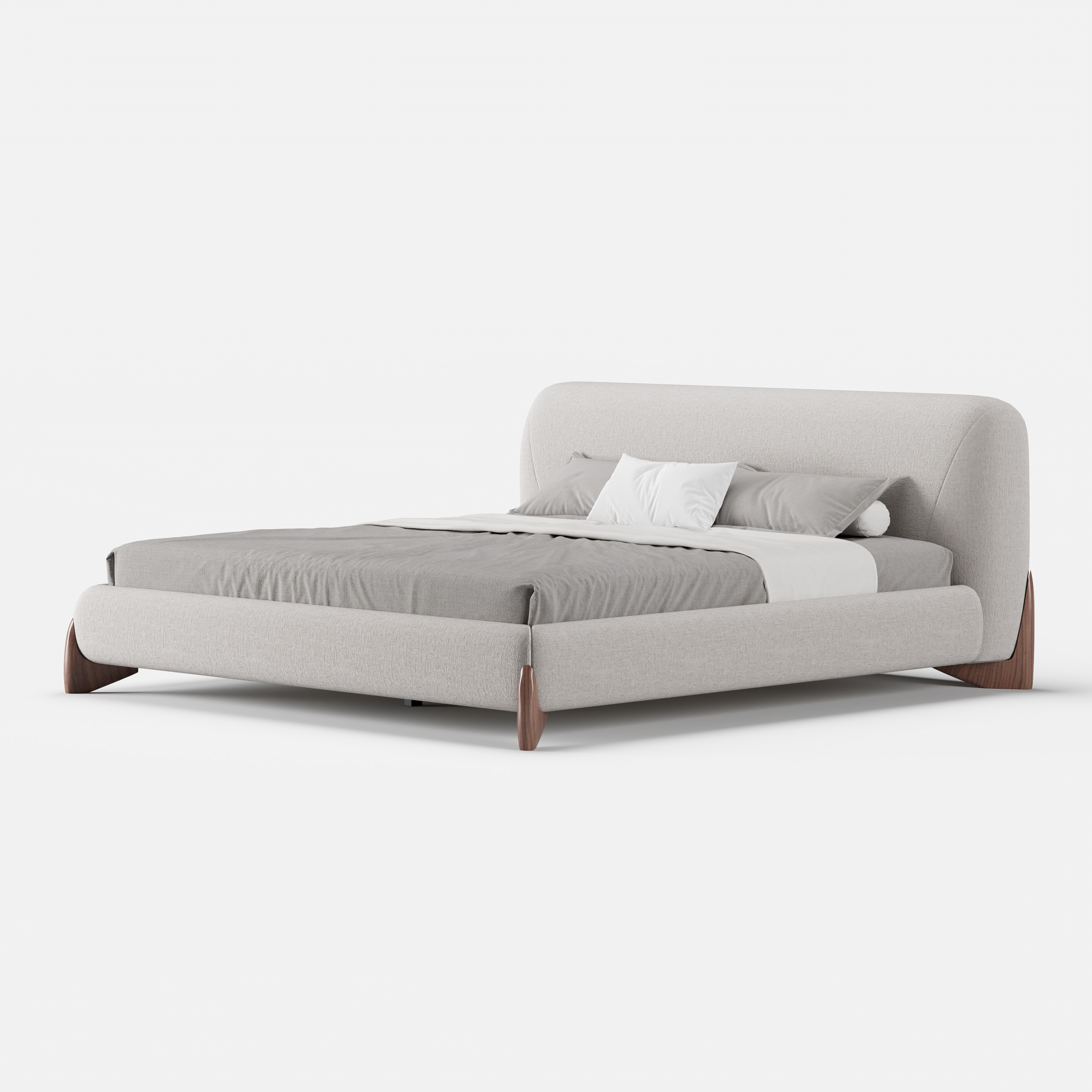 Curva Modern Gray Cotton & Linen Platform Bed King Size Bed Frame with Upholstered Headboard & 2 Nightstands Set