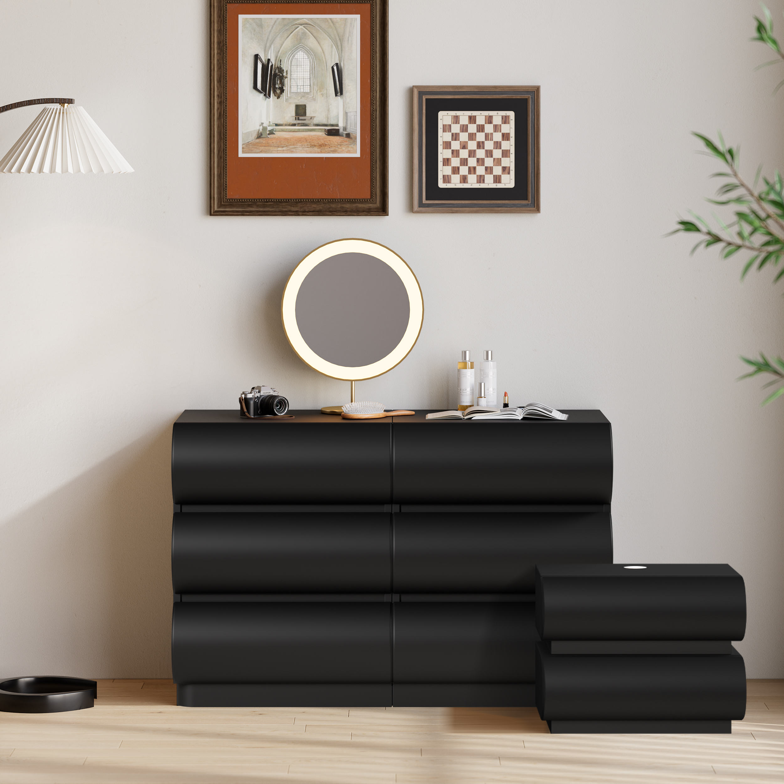 Humply Modern 2 Black Leather Smart Nightstands & Leather 6 Drawer Dresser Chest Set thumbnail