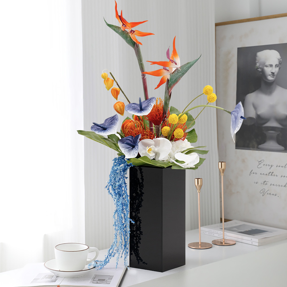Modern Iris Artificial Flowers Arrangement in Vase Black Acrylic Vase Fake Flower Decor