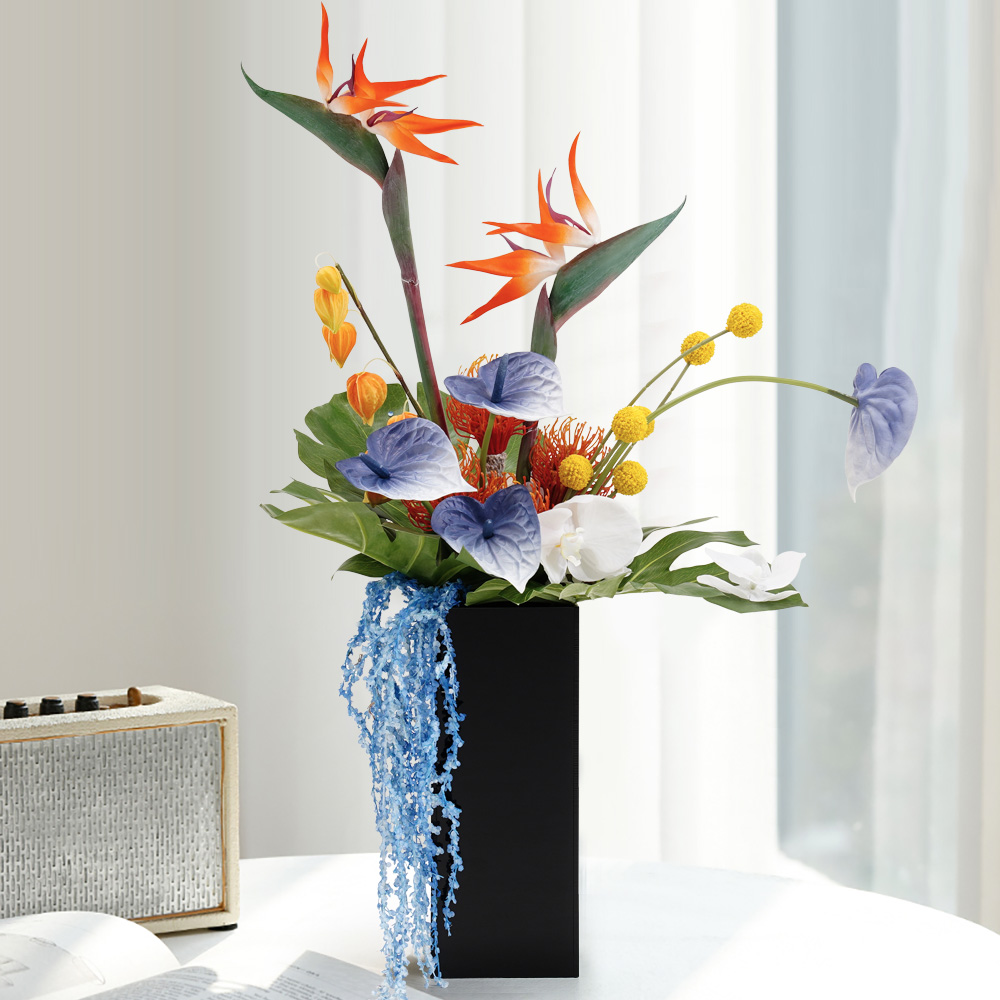 Modern Iris Artificial Flowers Arrangement in Vase Black Acrylic Vase Fake Flower Decor
