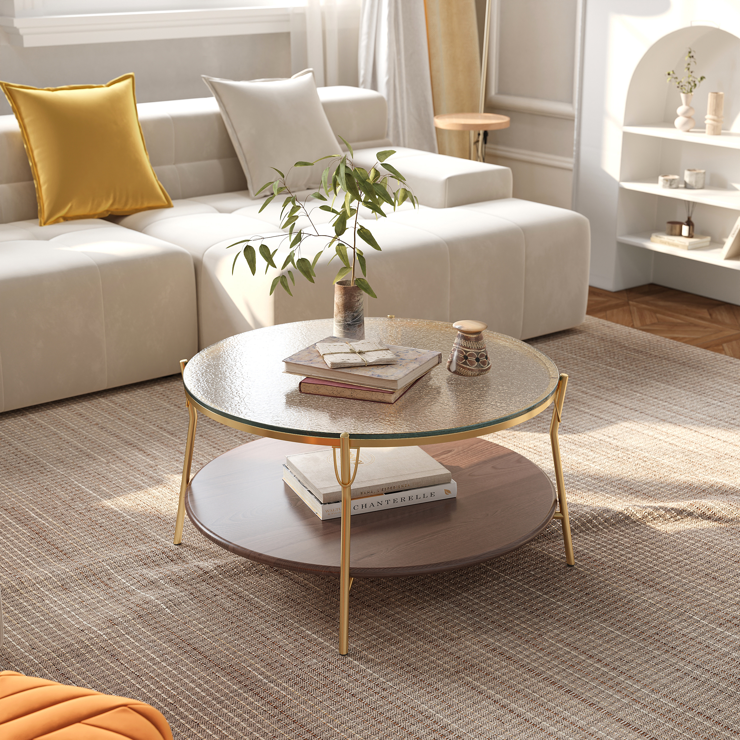Glass Top Double-Layered Coffee Table with Metal Frame and Wood Layer
