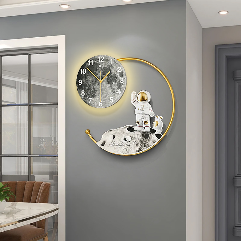 Modern Astronaut Metal Acrylic Round Wall Clock with LED Lights