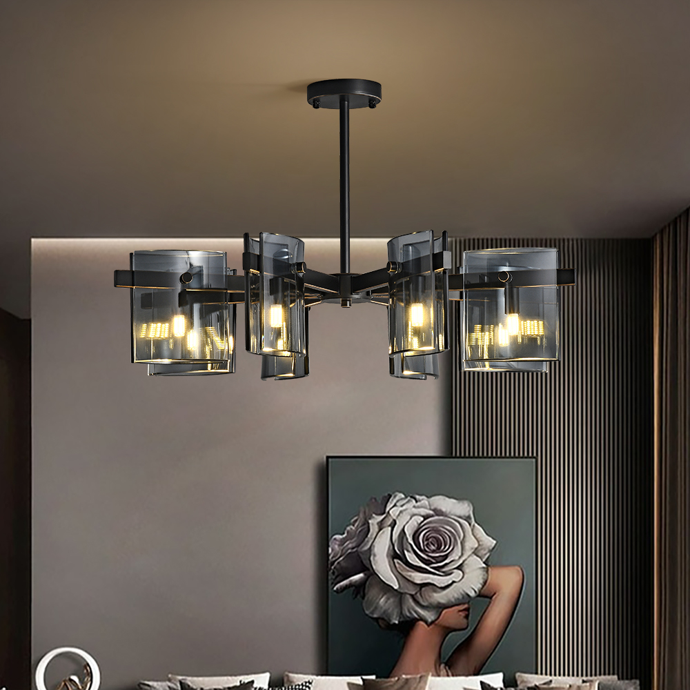 Mid Century Linear 8-Light Chandelier Black Glass &amp; Metal Ceiling Light