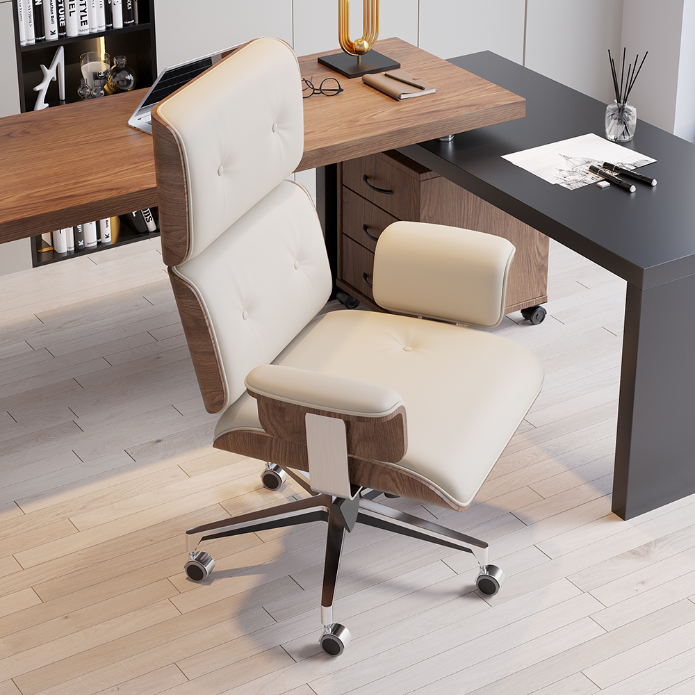 Modern Wash White L Shaped Desk & Off White Home Office Chair Set Upholstered Swivel